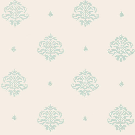Mayla Damask wallpaper in Water Blue by Schumacher, hand screen printed damask pattern on paper