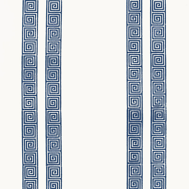 Greek Key Stripe navy hand screen printed wallpaper by Schumacher, classic geometric pattern on white background.