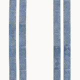 Greek Key Stripe navy hand screen printed wallpaper by Schumacher, classic geometric pattern on white background.