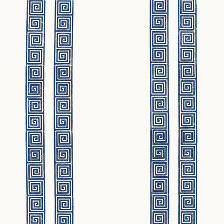 Greek Key Stripe navy hand screen printed wallpaper by Schumacher, classic geometric pattern on white background.