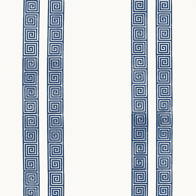 Greek Key Stripe navy hand screen printed wallpaper by Schumacher, classic geometric pattern on white background.