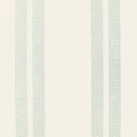 Greek Key Stripe wallpaper in Water Blue from Schumacher Jaipur Collection, featuring a classic Greek key stripe pattern on a light background.