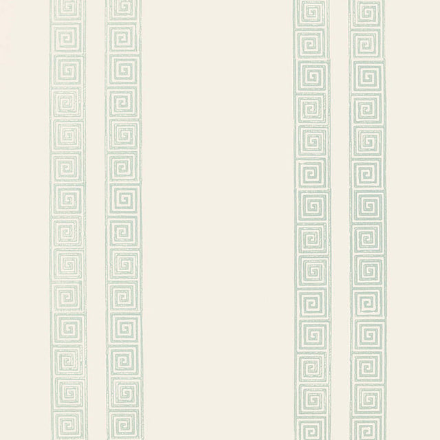 Greek Key Stripe wallpaper in Water Blue from Schumacher Jaipur Collection, featuring a classic Greek key stripe pattern on a light background.