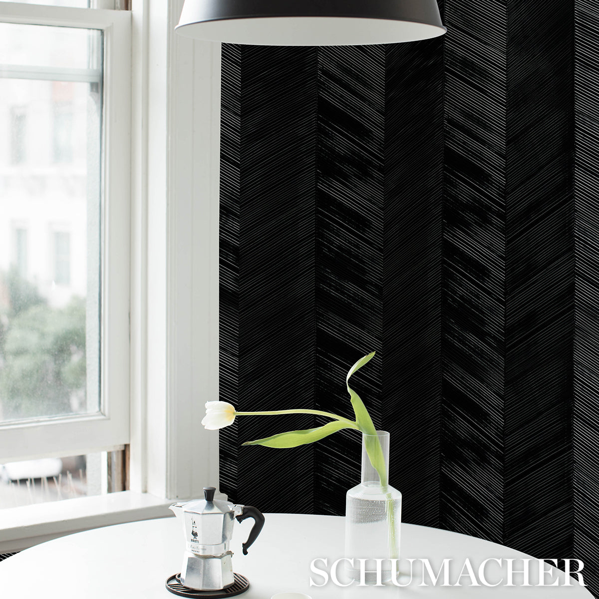 Chevron Texture Onyx by Schumacher Handcrafted Metallic Herringbone Wallcovering – Schumacher 5005655