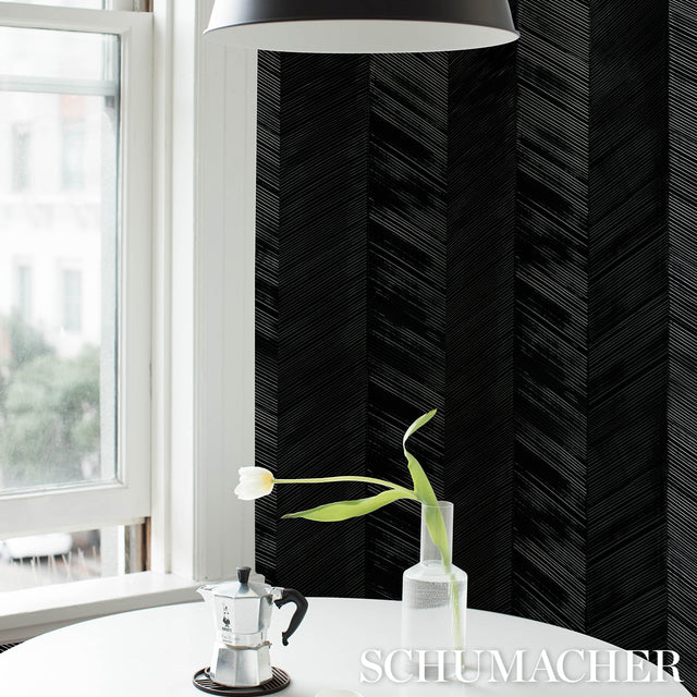 Chevron Texture Onyx by Schumacher Handcrafted Metallic Herringbone Wallcovering – Schumacher 5005655