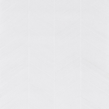 Chevron Texture white wallcovering with raised diagonal stripes forming a herringbone pattern, metallic luster, and tactile quality by Schumacher.