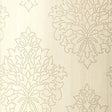 Beaded Damask wallpaper in Alabaster by Schumacher features a handcrafted damask pattern with beaded detailing in a neutral cream colorway.