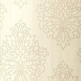 Beaded Damask wallpaper in Alabaster by Schumacher features a handcrafted damask pattern with beaded detailing in a neutral cream colorway.
