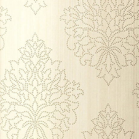 Beaded Damask wallpaper in Alabaster by Schumacher features a handcrafted damask pattern with beaded detailing in a neutral cream colorway.