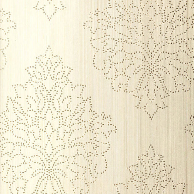 Beaded Damask wallpaper in Alabaster by Schumacher features a handcrafted damask pattern with beaded detailing in a neutral cream colorway.