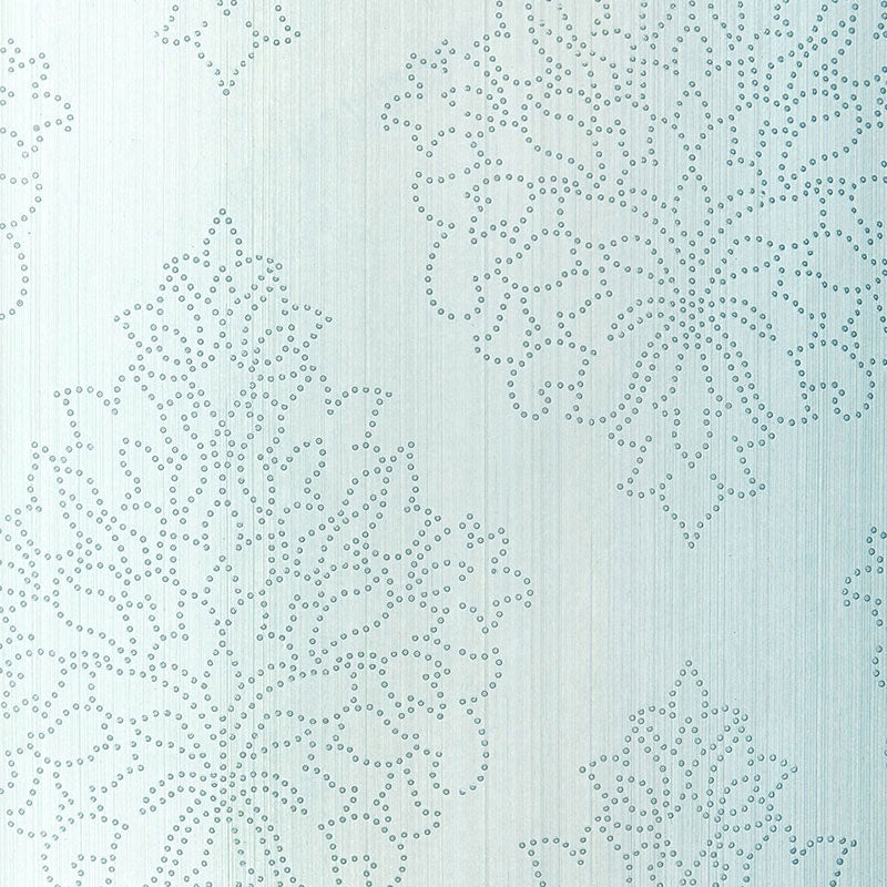 Beaded Damask wallpaper in Sky blue with a handcrafted damask pattern and beaded detailing by Schumacher.