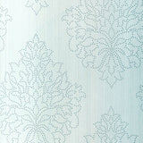 Beaded Damask wallpaper in Sky blue with a handcrafted damask pattern and beaded detailing by Schumacher.