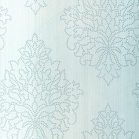 Beaded Damask wallpaper in Sky blue with a handcrafted damask pattern and beaded detailing by Schumacher.