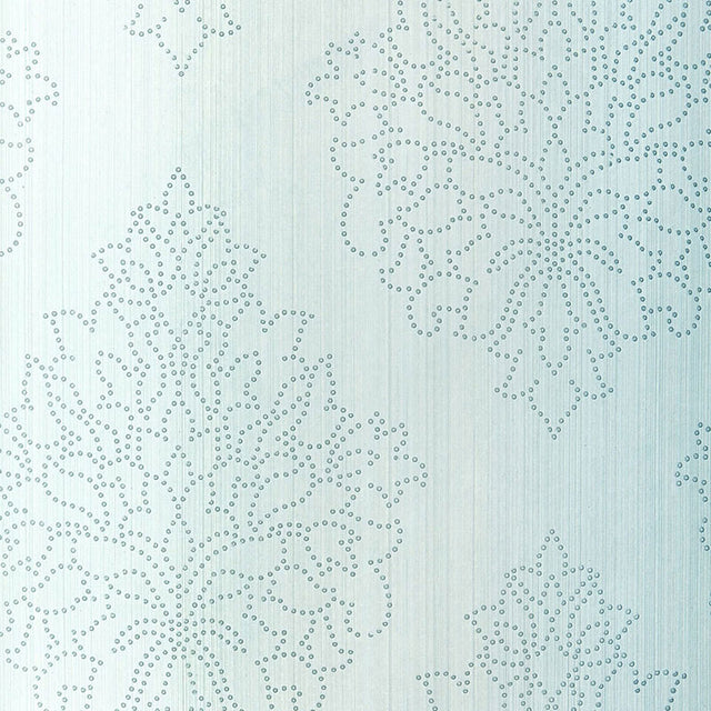 Beaded Damask wallpaper in Sky blue with a handcrafted damask pattern and beaded detailing by Schumacher.