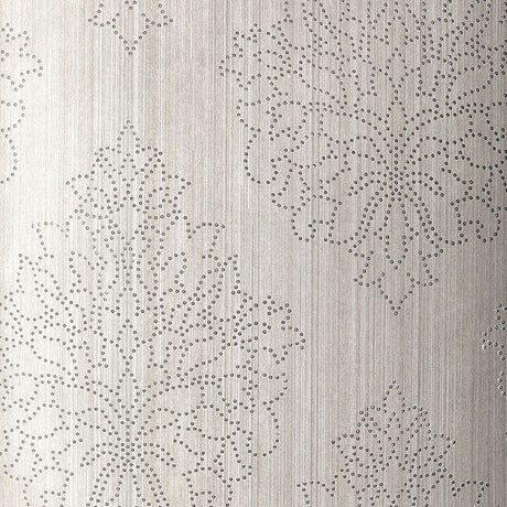 Beaded Damask wallpaper in Zinc by Schumacher, featuring a handcrafted damask pattern with beaded detailing on a non-woven material.
