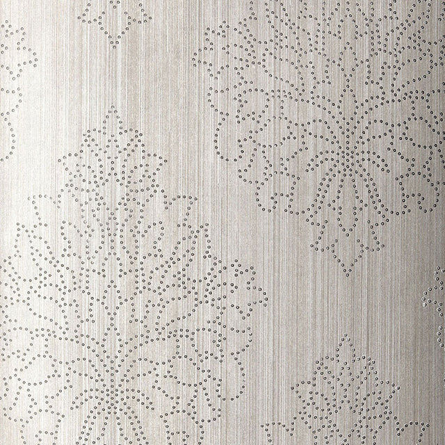 Beaded Damask wallpaper in Zinc by Schumacher, featuring a handcrafted damask pattern with beaded detailing on a non-woven material.