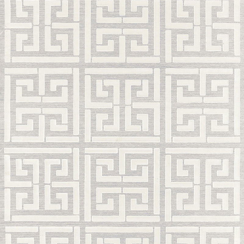 Greek Key Sisal wallpaper in silver, a handcrafted wallcovering with a classic Greek key pattern on natural sisal.