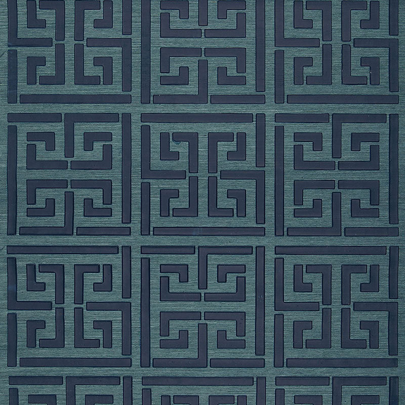 Greek Key Sisal wallpaper in Peacock by Schumacher, featuring a classic Greek key pattern hand-printed on natural sisal.
