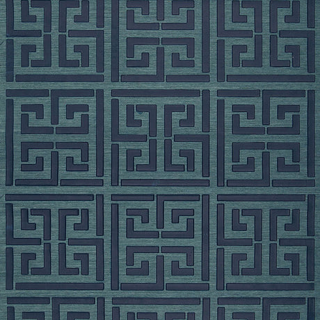 Greek Key Sisal wallpaper in Peacock by Schumacher, featuring a classic Greek key pattern hand-printed on natural sisal.