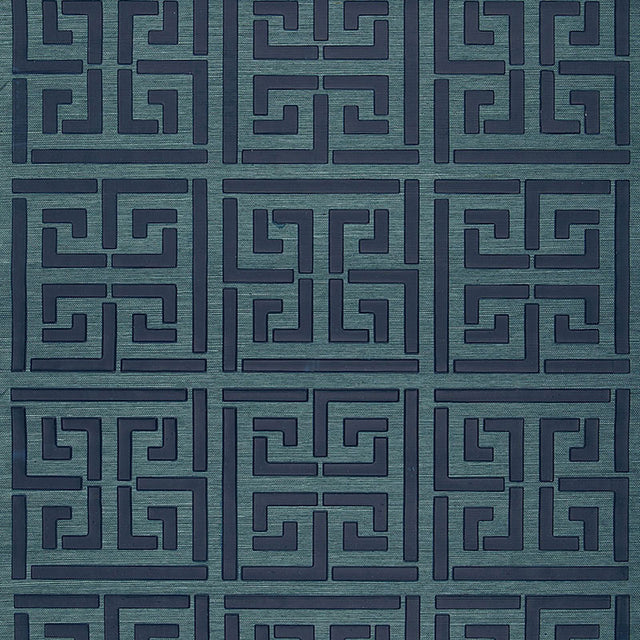 Greek Key Sisal wallpaper in Peacock by Schumacher, featuring a classic Greek key pattern hand-printed on natural sisal.