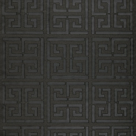 Greek Key Sisal wallpaper in Jet by Schumacher, featuring a classic Greek key pattern hand-printed on natural sisal.