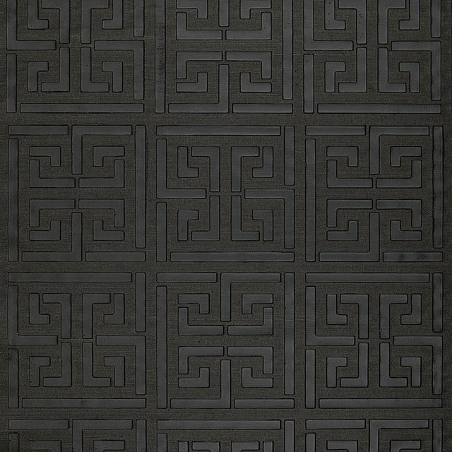 Greek Key Sisal wallpaper in Jet by Schumacher, featuring a classic Greek key pattern hand-printed on natural sisal.