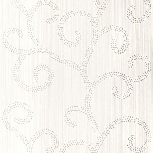 Raindrop Scroll wallpaper in Pearl by Schumacher features a handcrafted scroll pattern with subtle shimmer and texture.