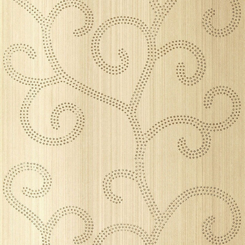 Raindrop Scroll wallpaper in White Gold with handcrafted scroll pattern and metallic accents by Schumacher.