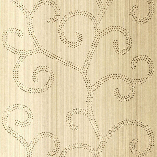 Raindrop Scroll wallpaper in White Gold with handcrafted scroll pattern and metallic accents by Schumacher.