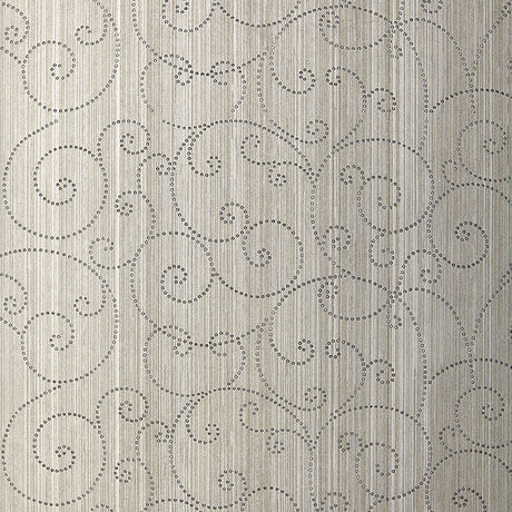 Beaded Scroll Pewter handcrafted wallcovering with swirling scroll pattern and subtle metallic finish by Schumacher