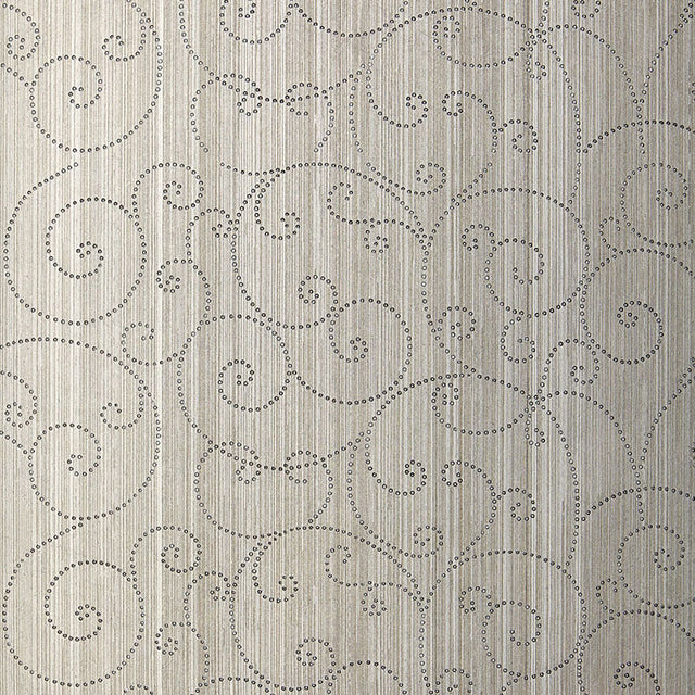Beaded Scroll Pewter handcrafted wallcovering with swirling scroll pattern and subtle metallic finish by Schumacher