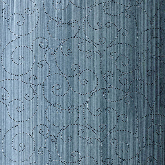 Beaded Scroll wallpaper in Peacock by Schumacher, featuring a handcrafted scroll pattern with beaded detailing in blue tones.