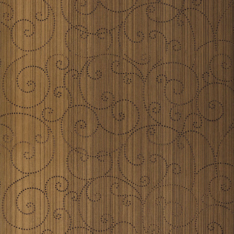Burnished bronze beaded scroll handcrafted wallcovering with swirling dot pattern and vertical striations