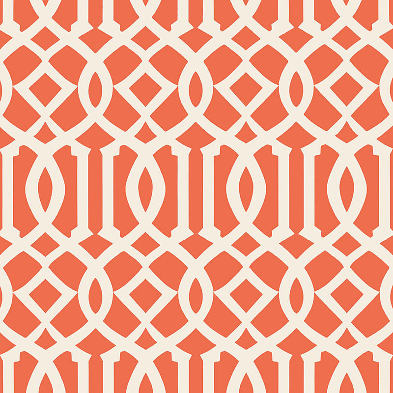 Imperial Trellis II wallpaper in Ivory and Mandarin by Kelly Wearstler for Schumacher, featuring a bold geometric trellis pattern in orange and ivory.
