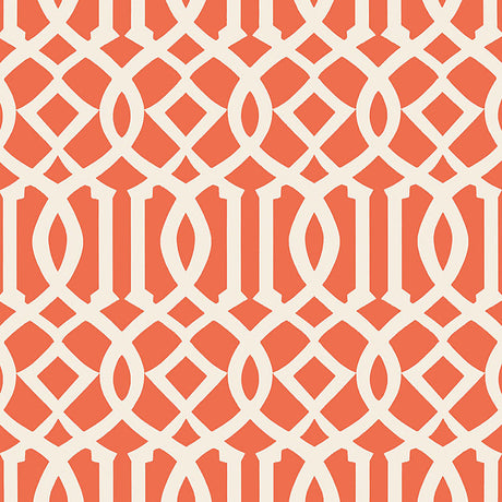 Imperial Trellis II wallpaper in Ivory and Mandarin by Kelly Wearstler for Schumacher, featuring a bold geometric trellis pattern in orange and ivory.