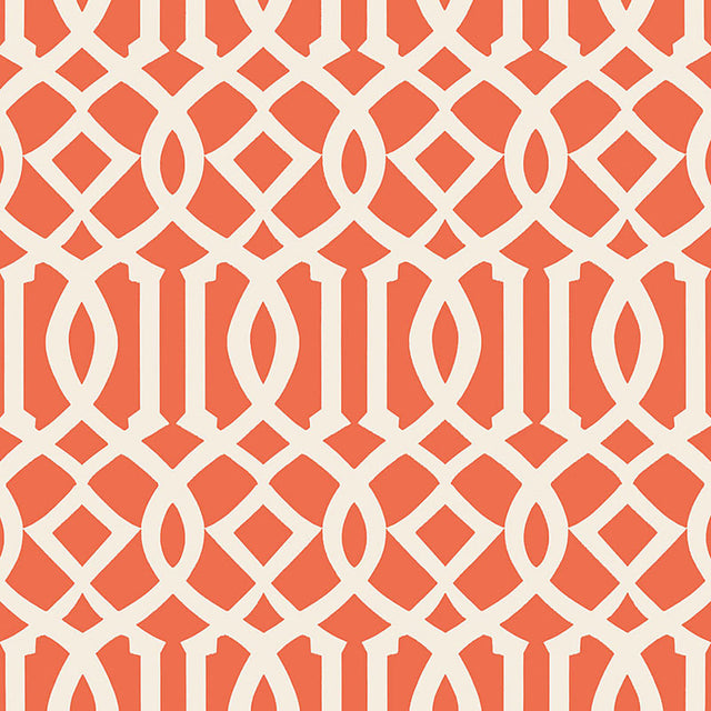 Imperial Trellis II wallpaper in Ivory and Mandarin by Kelly Wearstler for Schumacher, featuring a bold geometric trellis pattern in orange and ivory.