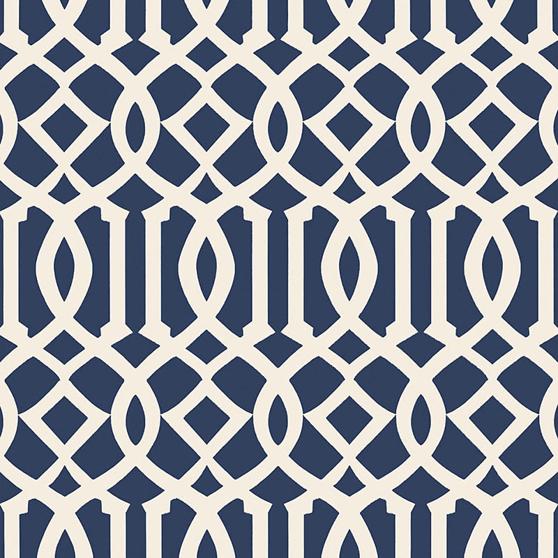 Imperial Trellis II wallpaper in ivory and navy by Schumacher, designed by Kelly Wearstler, featuring a bold geometric trellis pattern.