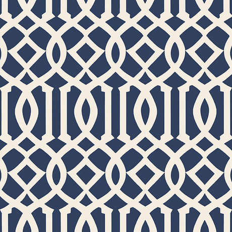 Imperial Trellis II wallpaper in ivory and navy by Schumacher, designed by Kelly Wearstler, featuring a bold geometric trellis pattern.