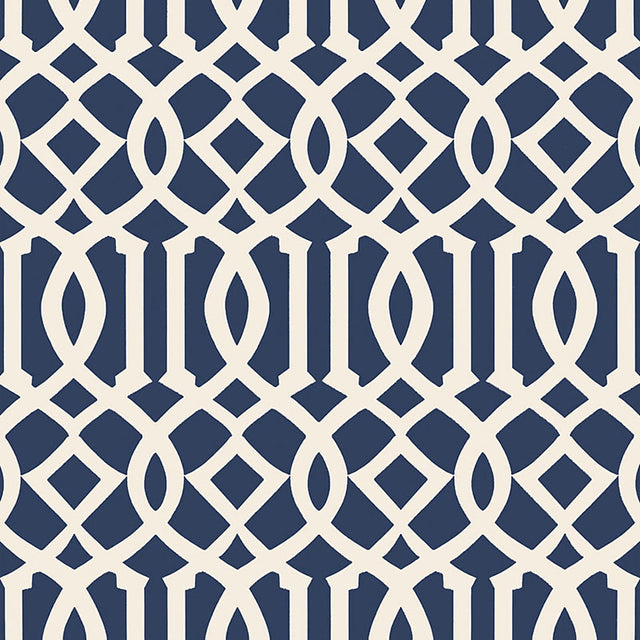 Imperial Trellis II wallpaper in ivory and navy by Schumacher, designed by Kelly Wearstler, featuring a bold geometric trellis pattern.