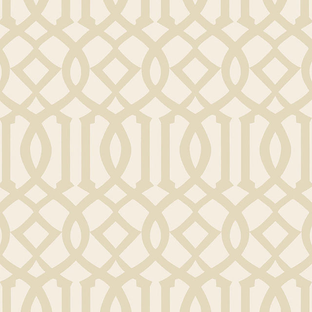 Imperial Trellis II wallpaper in Sand and Ivory by Kelly Wearstler for Schumacher, shown in a glamorous entryway setting.