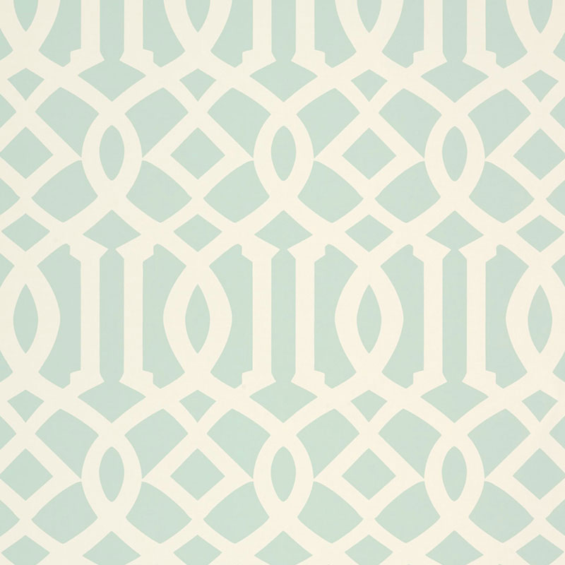 Imperial Trellis II Mineral by Kelly Wearstler for Schumacher - iconic geometric trellis wallpaper in pale blue and white.