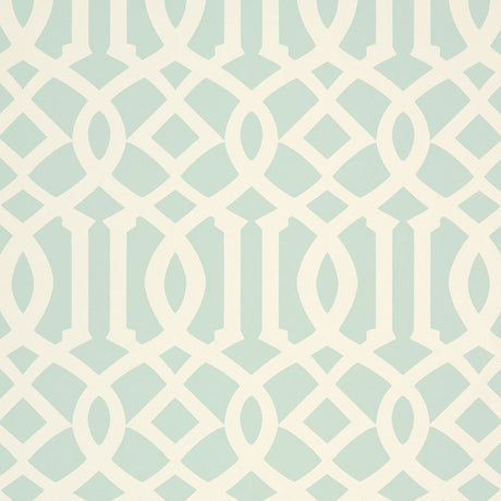Imperial Trellis II Mineral by Kelly Wearstler for Schumacher - iconic geometric trellis wallpaper in pale blue and white.
