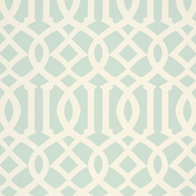 Imperial Trellis II Mineral by Kelly Wearstler for Schumacher - iconic geometric trellis wallpaper in pale blue and white.