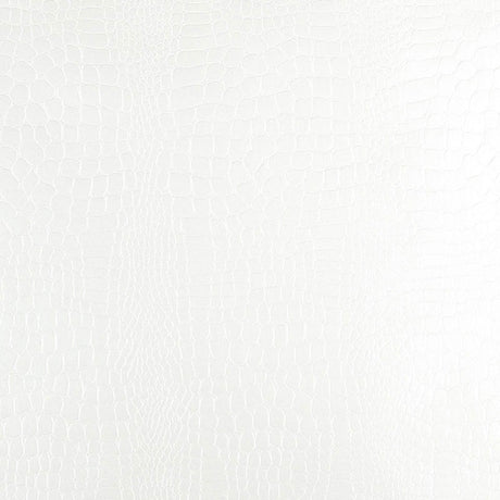 White crocodile-embossed luxury wallpaper by Schumacher, shown in close-up and in a roll with other colorways.
