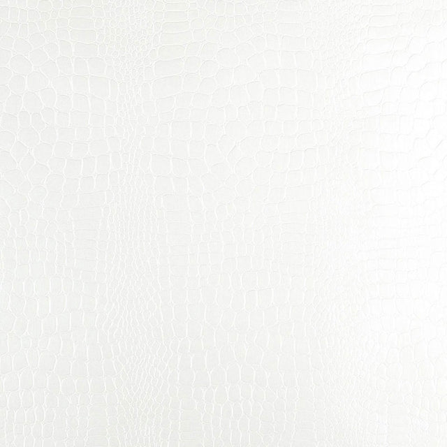 White crocodile-embossed luxury wallpaper by Schumacher, shown in close-up and in a roll with other colorways.