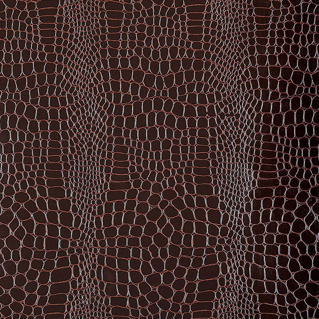 Crocodile Java embossed faux animal skin wallpaper by Schumacher in deep brown, luxury wallcovering texture.