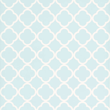 Moroccan quatrefoil geometric wallpaper in sky blue and white by Schumacher