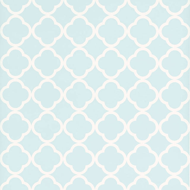 Moroccan quatrefoil geometric wallpaper in sky blue and white by Schumacher