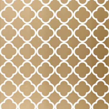 Moroccan-inspired antique gold geometric wallpaper with a quatrefoil pattern by Schumacher.