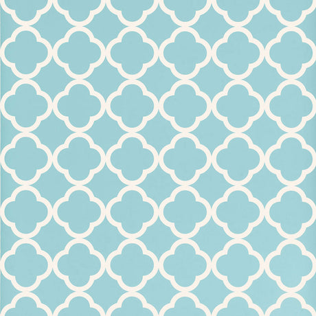 Moroccan-inspired geometric wallpaper in azure blue and white by Schumacher